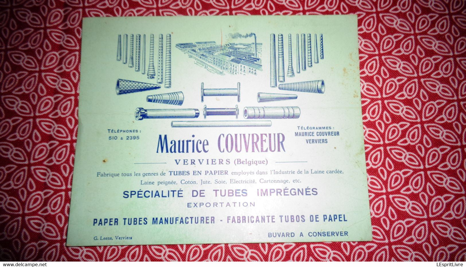 Buvard MAURICE COUVREUR Spécialité De Tubes Imprégnés à Verviers Belgique Publicité Publicitaire - R