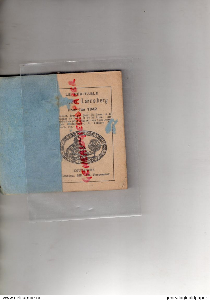 50- COUTANCES- ALMANACH MATHIEU LANDSBERG-1942 GUERRE 1939-1945- DAIREAUX  BELLEE - Historische Dokumente