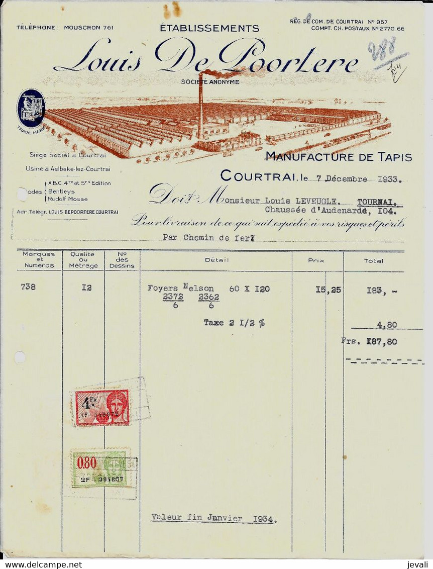 COURTRAI    -  Ets Louis De Poortere  ( Manufacture De Tapis )   1933 - Textile & Clothing