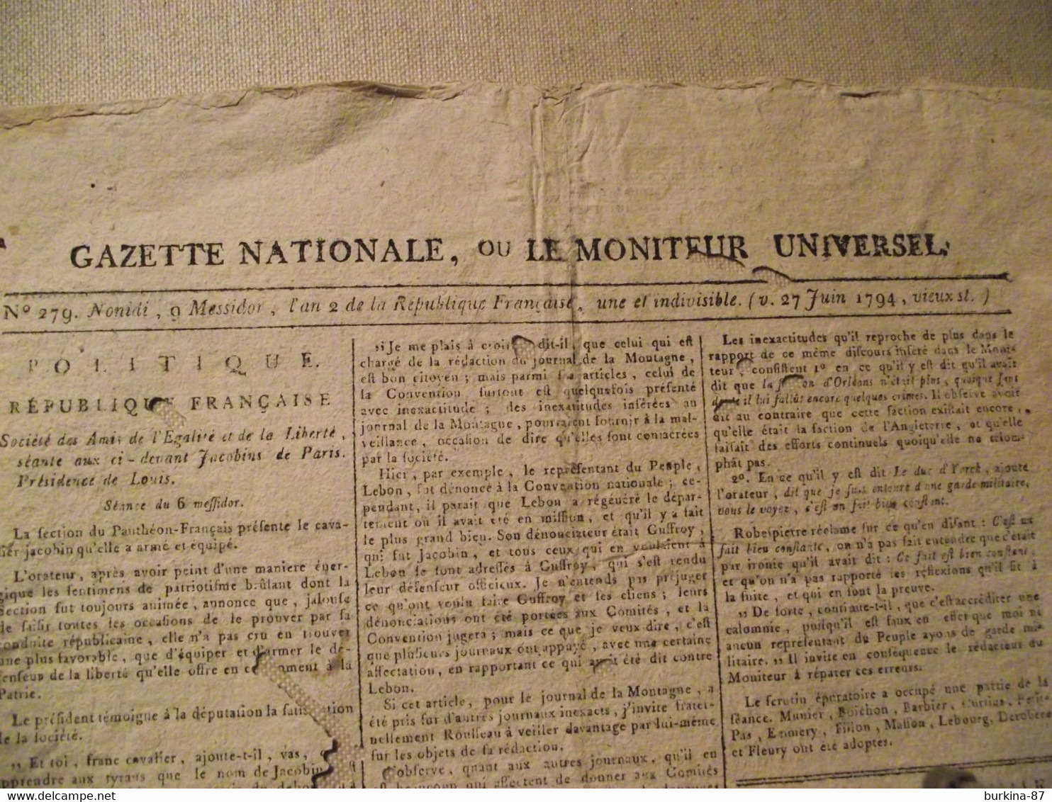 Gazette Nationale Ou Le Moniteur Universel, 27 JUIN 1794, Convention Nationale, Journal Officiel, 9 Messidor An 2 - Giornali - Ante 1800
