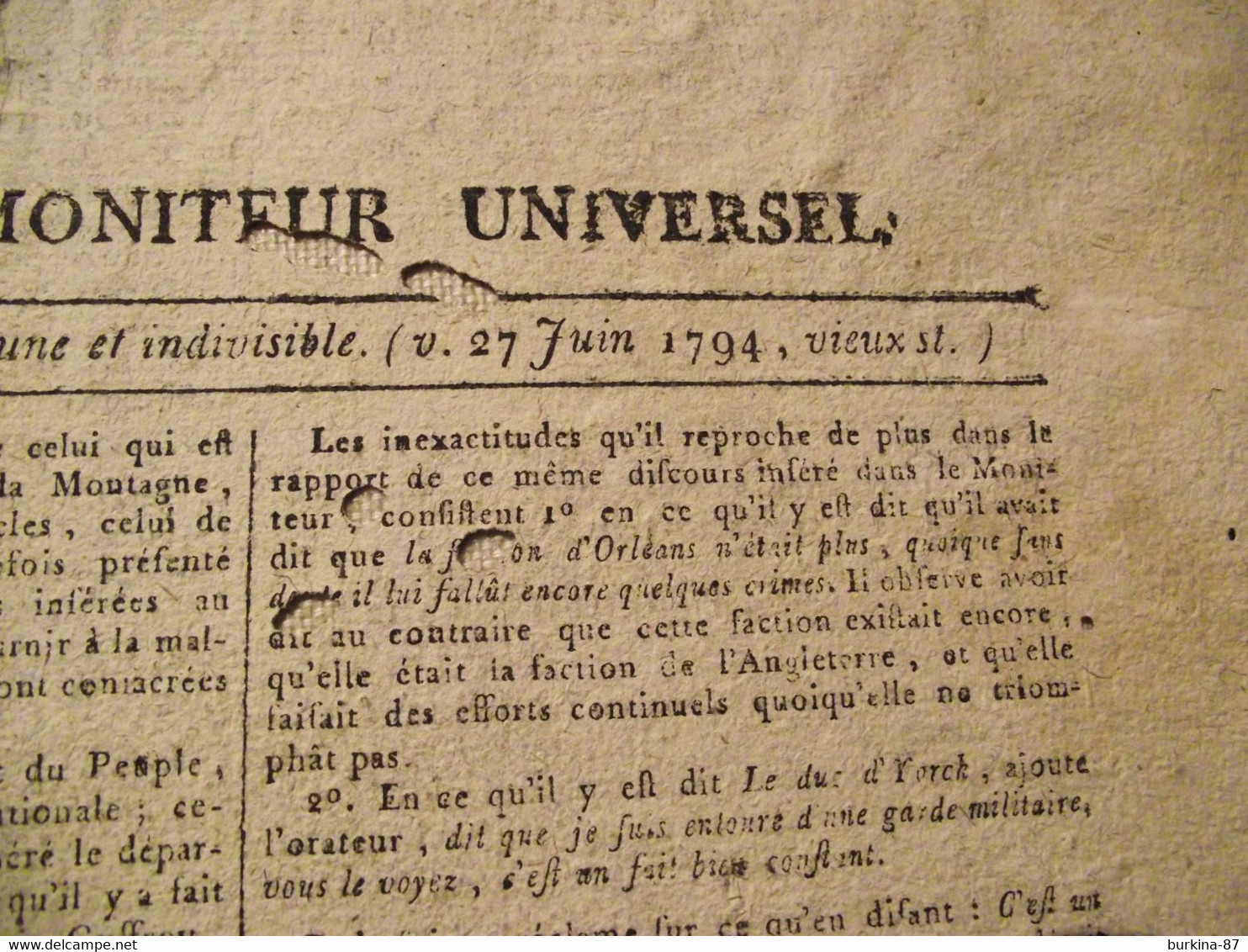 Gazette Nationale Ou Le Moniteur Universel, 27 JUIN 1794, Convention Nationale, Journal Officiel, 9 Messidor An 2 - Periódicos - Antes 1800