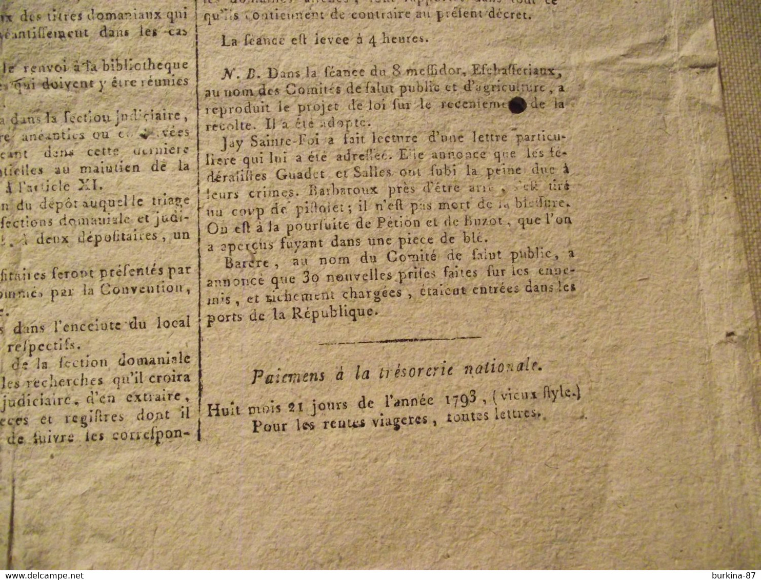 Gazette Nationale ou Le Moniteur Universel, 27 JUIN 1794, convention nationale, journal officiel, 9 messidor an 2