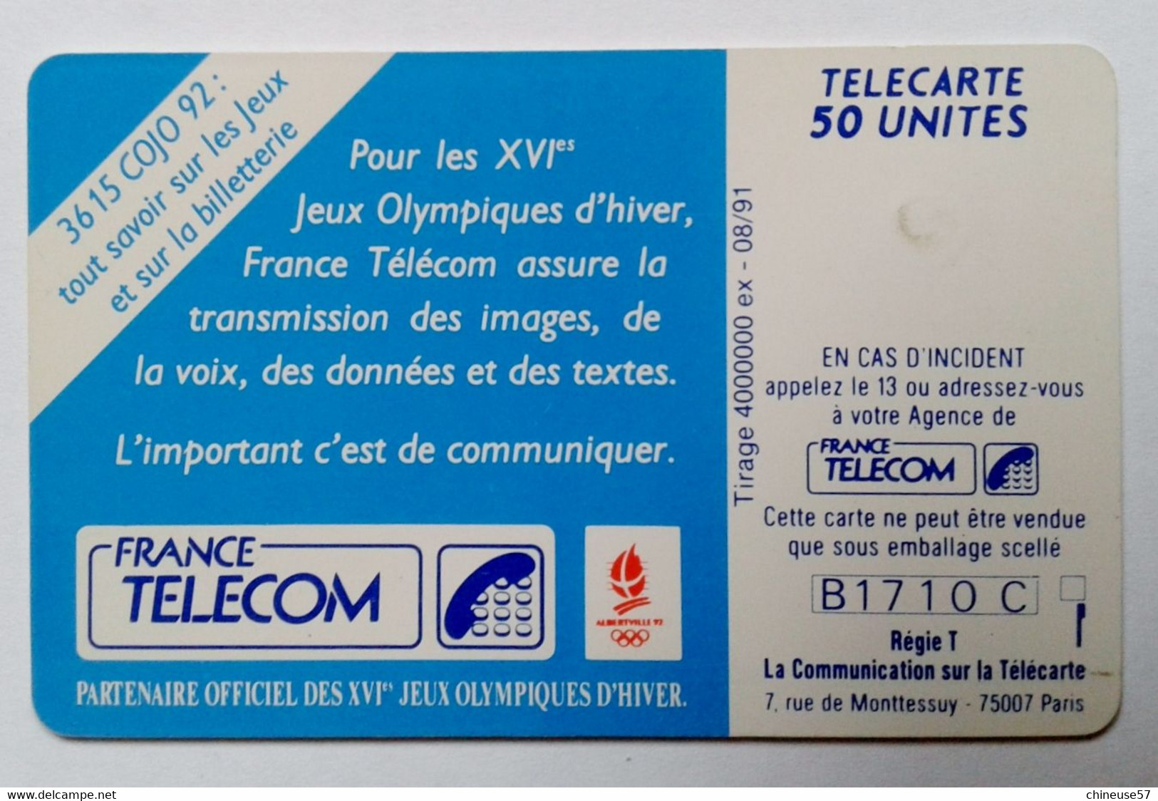 Télécarte Jeux Olympiques D'hiver Ski Saut  B1710C (non Utilisée) - Jeux Olympiques