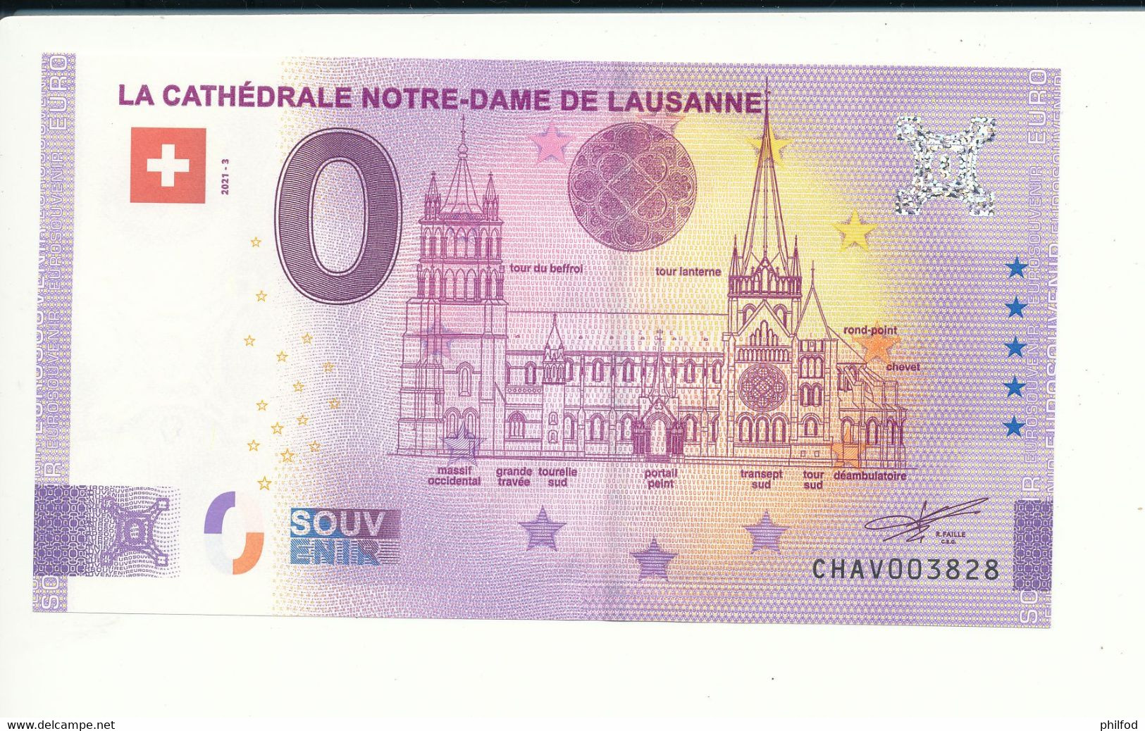 Billet Touristique 0 Euro - LA CATHÉDRALE NOTRE-DAME DE LAUSANNE - CHAV - 2021-3 - N° 3828 - Autres & Non Classés