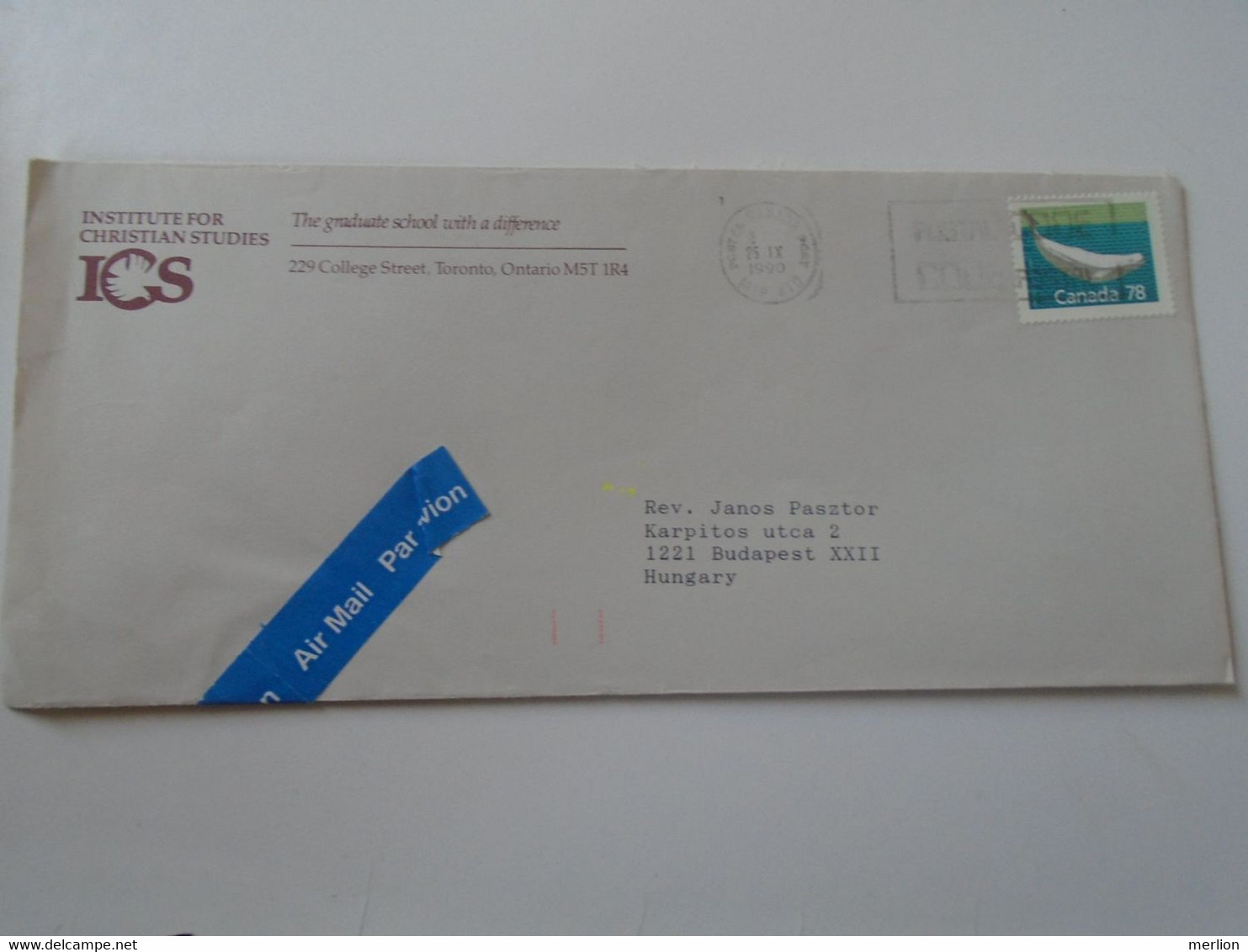 ZA170a.10   CANADA  Cover - Institut For Christian Studies - TOronto - 1990  Stamp Whale - Cartas & Documentos