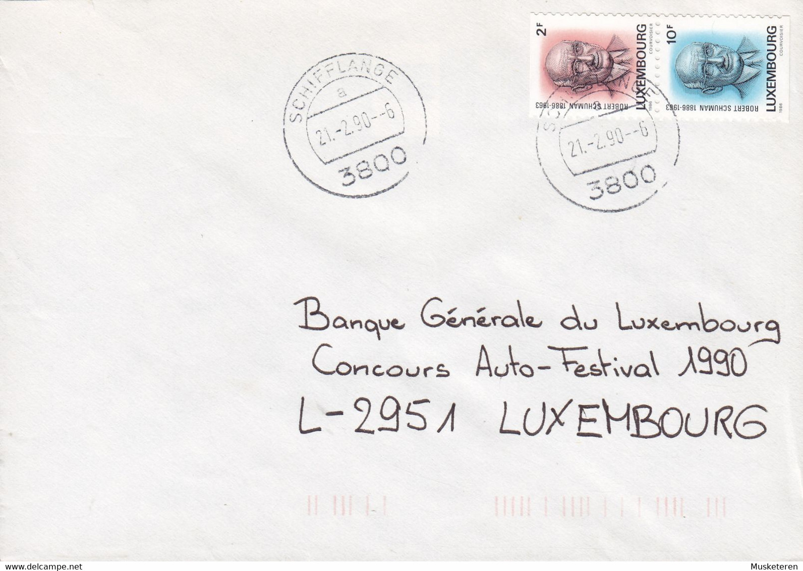 Luxembourg SCHIFFLANGE 1990 Cover Brief Lettre AUTO-FESTIVAL Banque Générale Luxembourg 2 & 10Fr. Schumann Booklet Pair - Brieven En Documenten