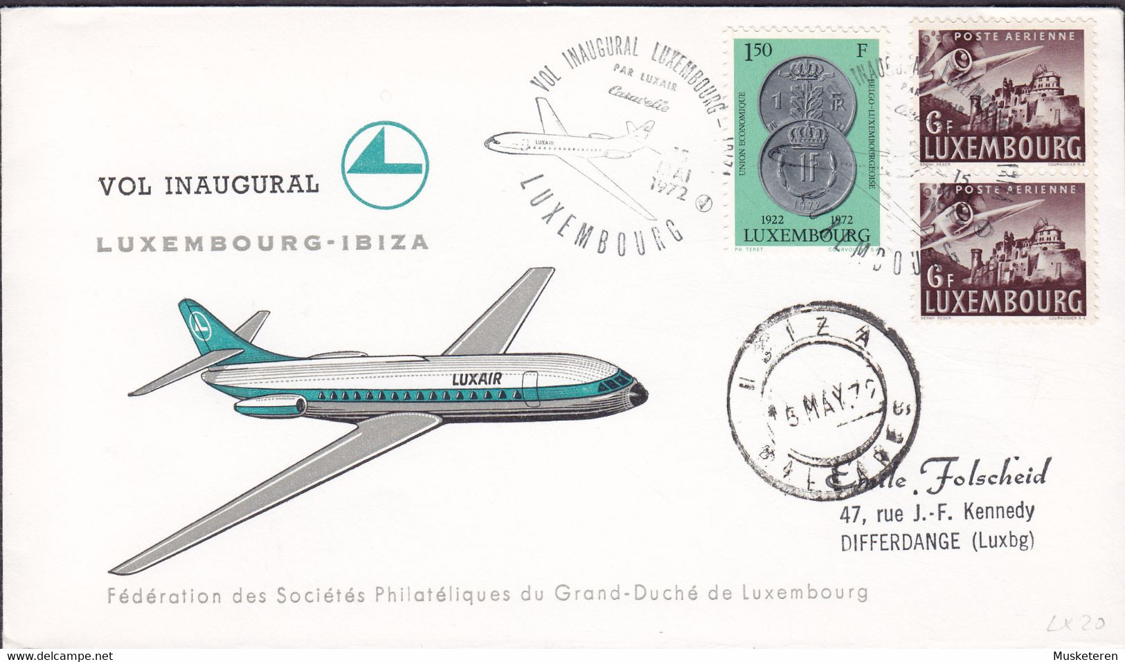 Luxembourg LUXAIR Vol INAUGURAL Caravelle Erstflug First Flight LUXEMBOURG-IBIZA 1972 Cover Brief Lettre - Lettres & Documents