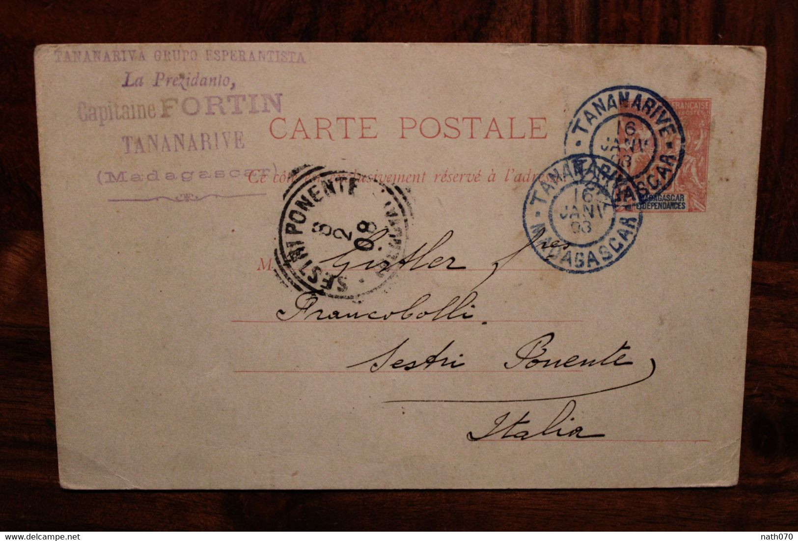 1908 Madagascar Grupo Esperantista Esperanto Sestri Ponente Italie Cover Entier Carte Postale Cpa Groupe - Covers & Documents