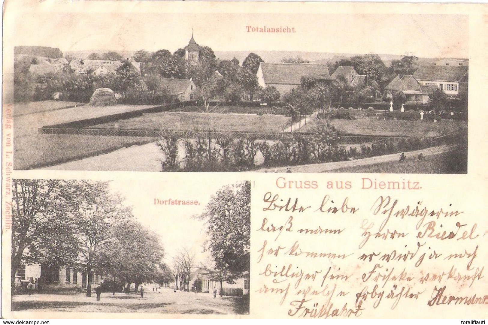 Gruß Aus DIEMITZ Mirow Mecklenburg Dorfstraße Belebt Totalansicht 7.6.1908 Nachverwendet Ungeteilte Rückseite Also 1905 - Roebel