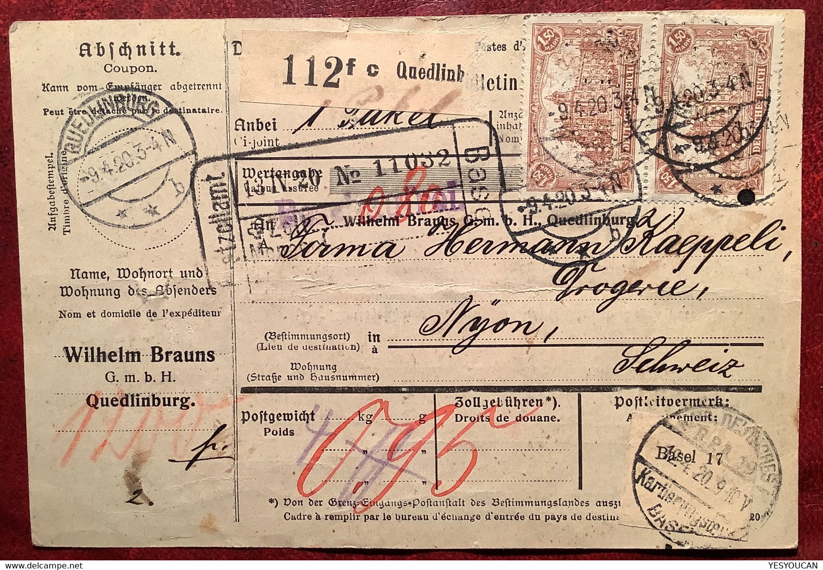 DR 114 PERFIN W.B Farbenfabrik Wilhelm Brauns Quedlinburg MEF Paketkarte1920>Nyon Schweiz (Brief Zoll Basel Chemie Infla - Covers & Documents