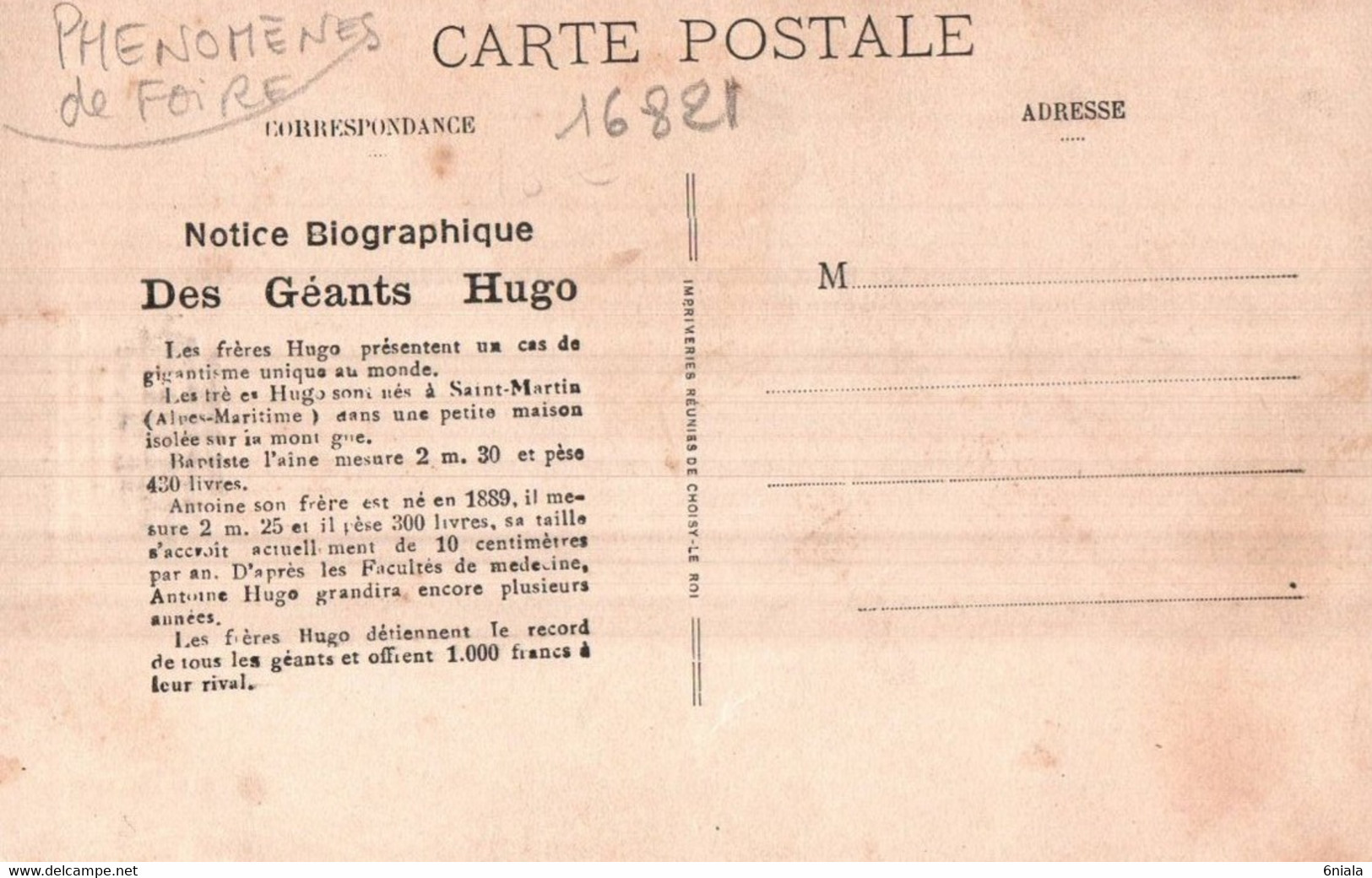 16821 Les Deux Extrêmes En Grandeur Et En Petitesse Frères HUGO 2m30 Et  0.69m Nain Et Géant - Circo