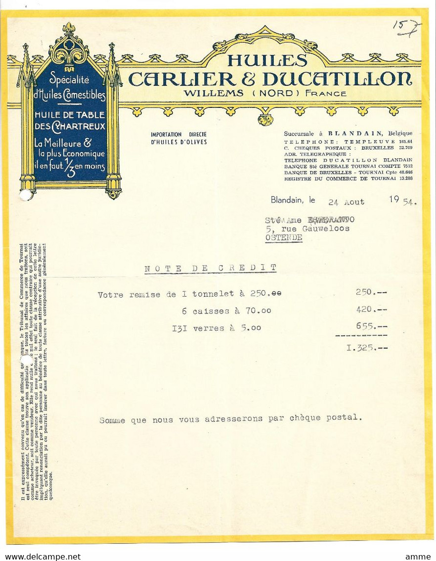 Willems (Nord) France (Factuur)  *   Huiles Carlier - Ducatillon (Succursale à Blandain) - 1950 - ...