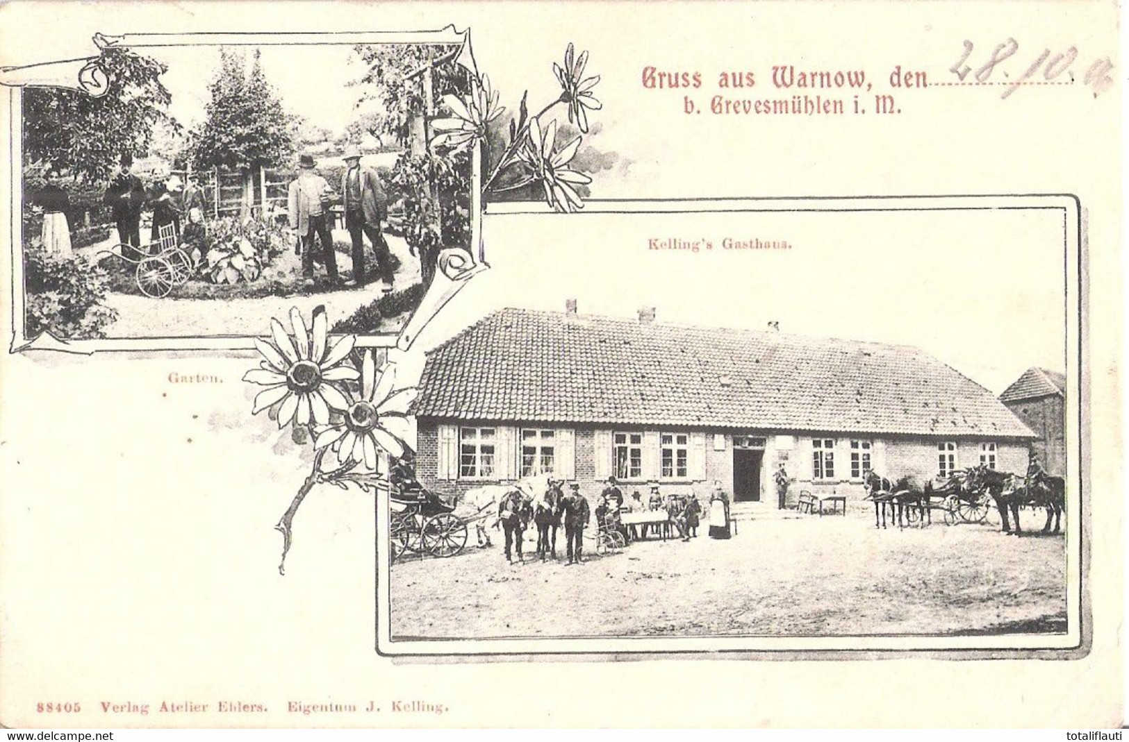 Gruss Aus WARNOW B Grevesmühlen Kellings Gasthaus Belebt Jugendstil Verzierung Gelaufen 29.10.1906 - Grevesmühlen