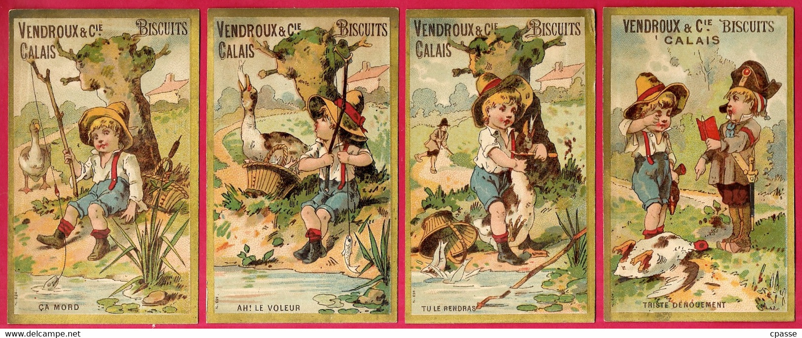 (Série De 4) CHROMO Biscuits VENDROUX & Cie (62) CALAIS Ca Mord, Ah Le Voleur, Tu Le Rendras...Pêche Pêcheur - Vendroux