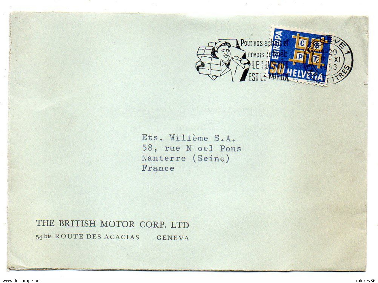 SUISSE- 1963 - Lettre GENEVE  Pour  NANTERRE -92 (France)..timbre Europa Seul Sur Lettre....cachet - Covers & Documents