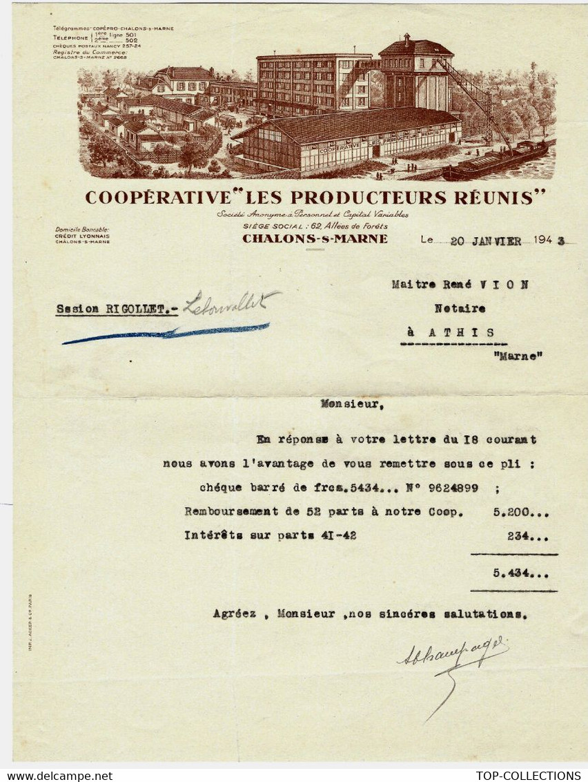 1943 ENTETE COOPERATIVE AGRICOLE LES PRODUCTEURS REUNIS Chalons Sur Marne  En Champagne (Marne) B.E. V.SCANS - 1900 – 1949