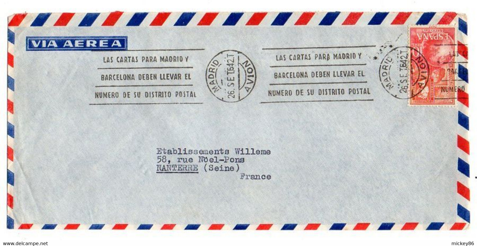 ESPAGNE -1964 - Lettre MADRID  Pour  NANTERRE -92 (France)..timbre Seul Sur Lettre....beau  Cachet.mécanique . - Cartas & Documentos