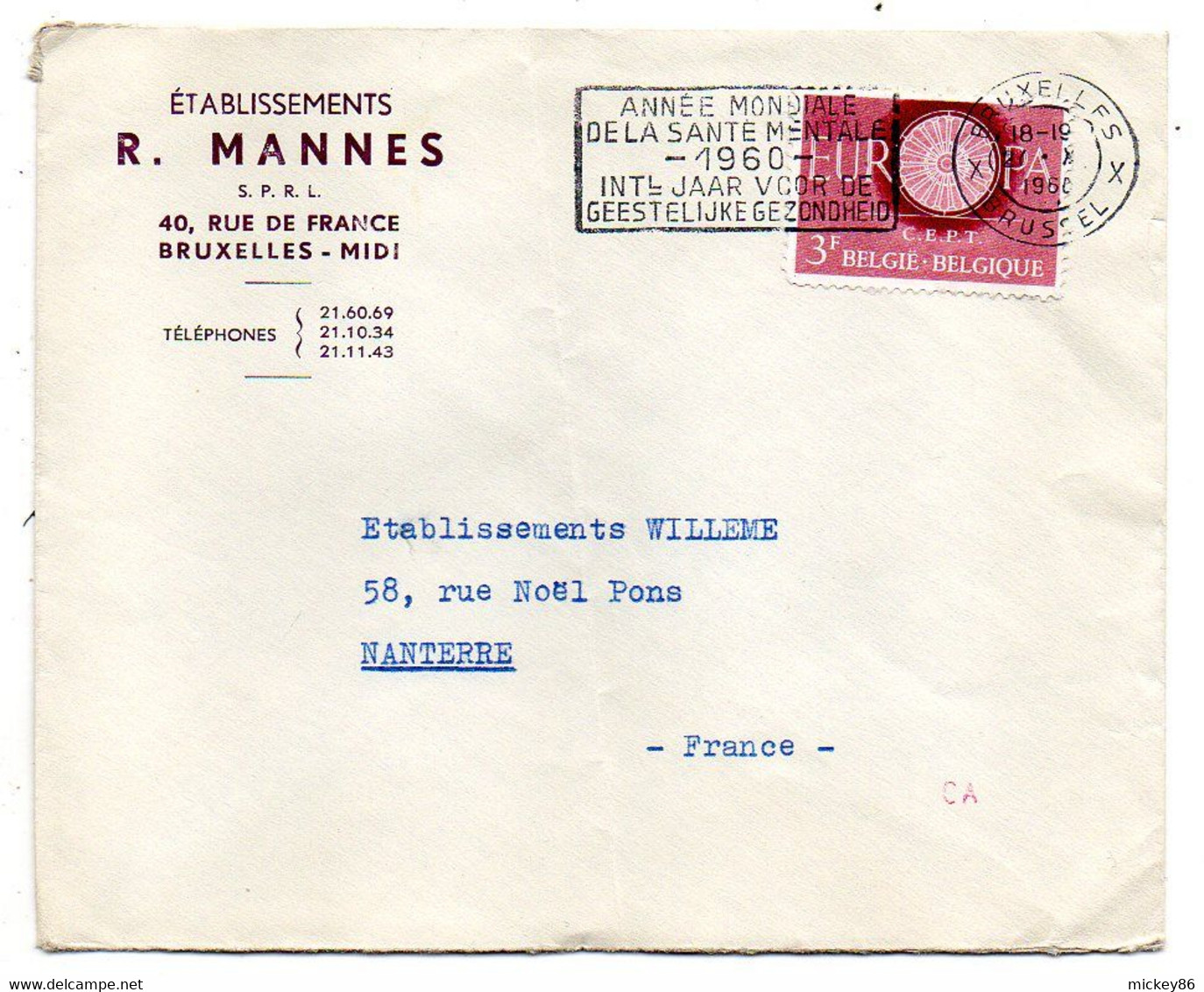 BELGIQUE--1960-- Lettre BRUXELLES  Pour NANTERRE-92 (France)..timbre Europa Seul Sur Lettre. Cachet"année Santé Mentale. - Lettres & Documents