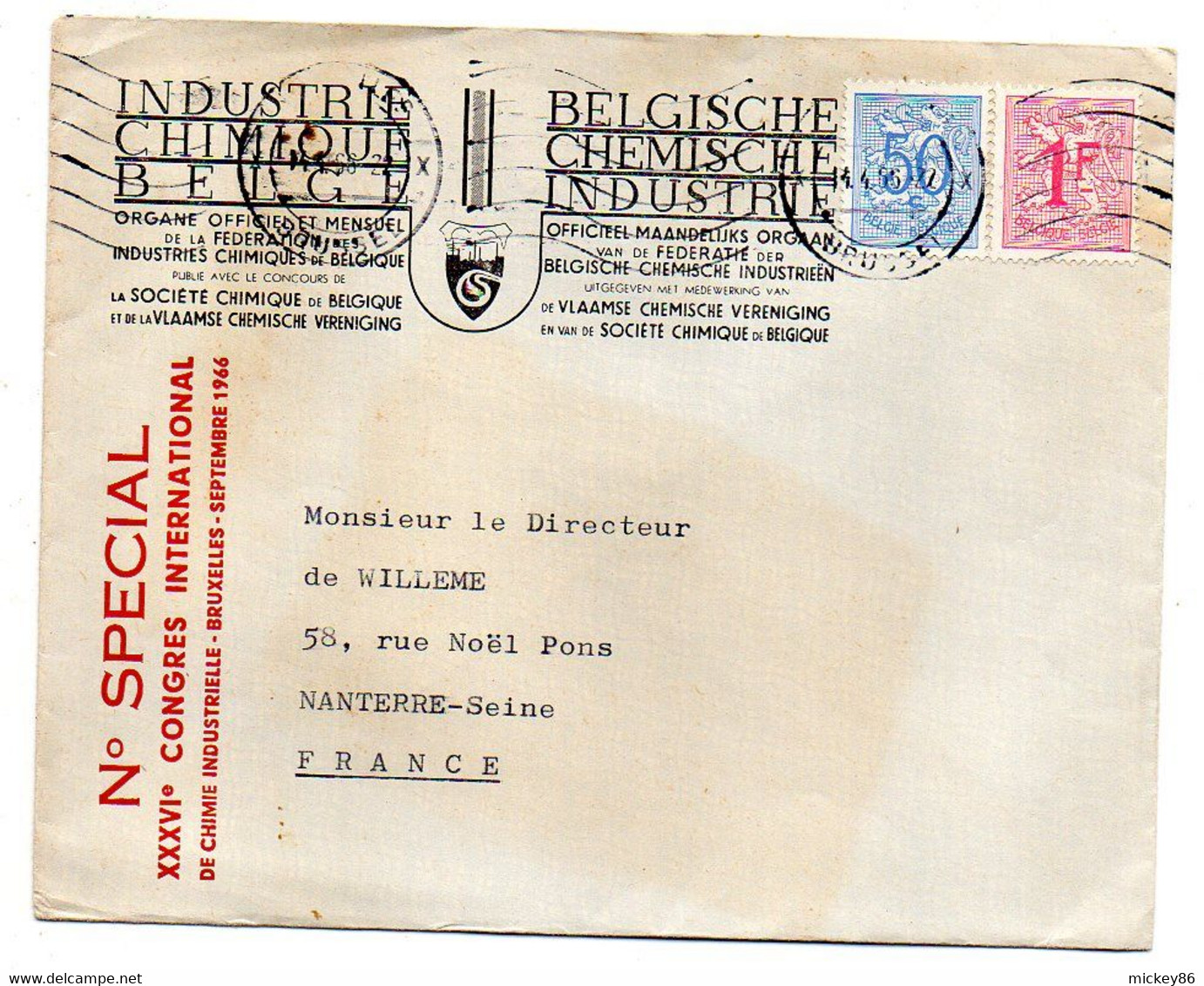 BELGIQUE--1966-- Lettre BRUXELLES  Pour NANTERRE-92 (France)..timbres Seul Sur Lettre. Cachet Mécanique (chimie). - Covers & Documents