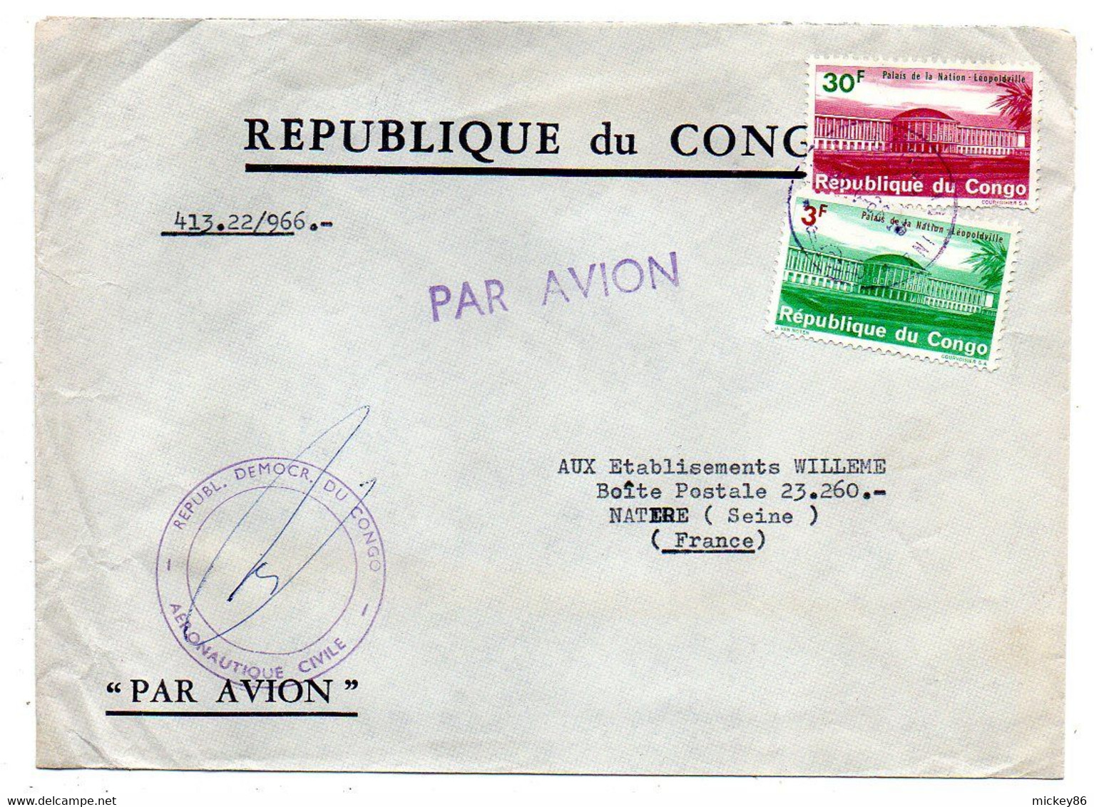 CONGO -1966-- Lettre   Pour NANTERRE-92 (France).....timbres Sur Lettre.... Cachet --.personnalisée Aéronautique Civile - Lettres & Documents