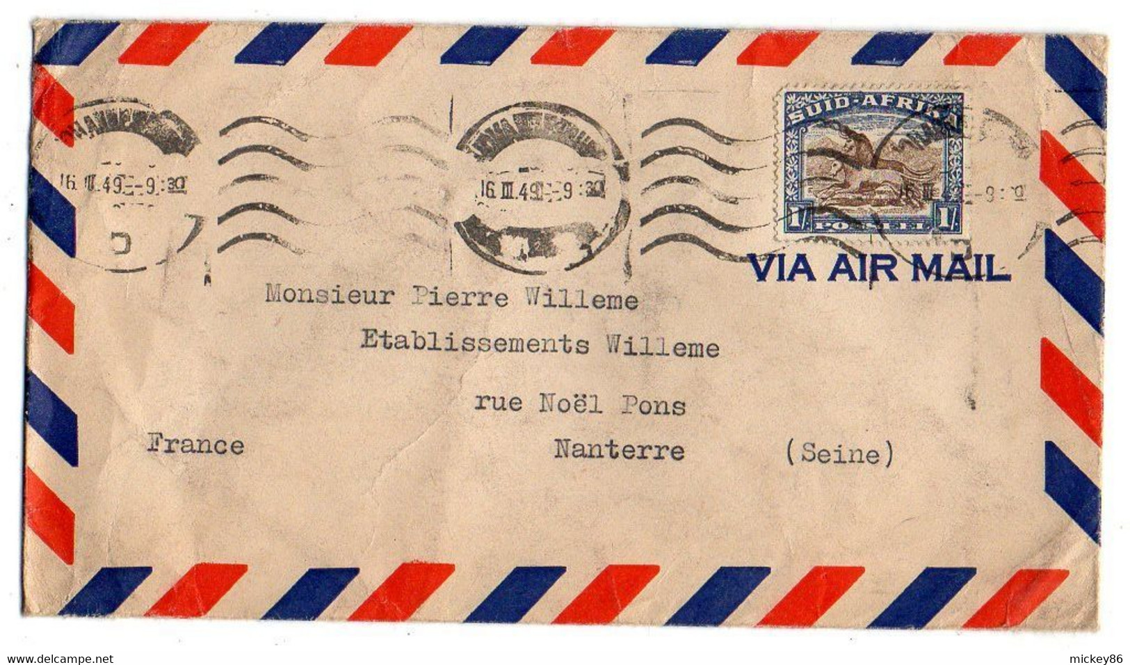 AFRIQUE DU SUD--1949---Lettre JOHANNESBURG  Pour NANTERRE-92 (France)..timbre Seul Sur Lettre.... Cachet -- - Cartas