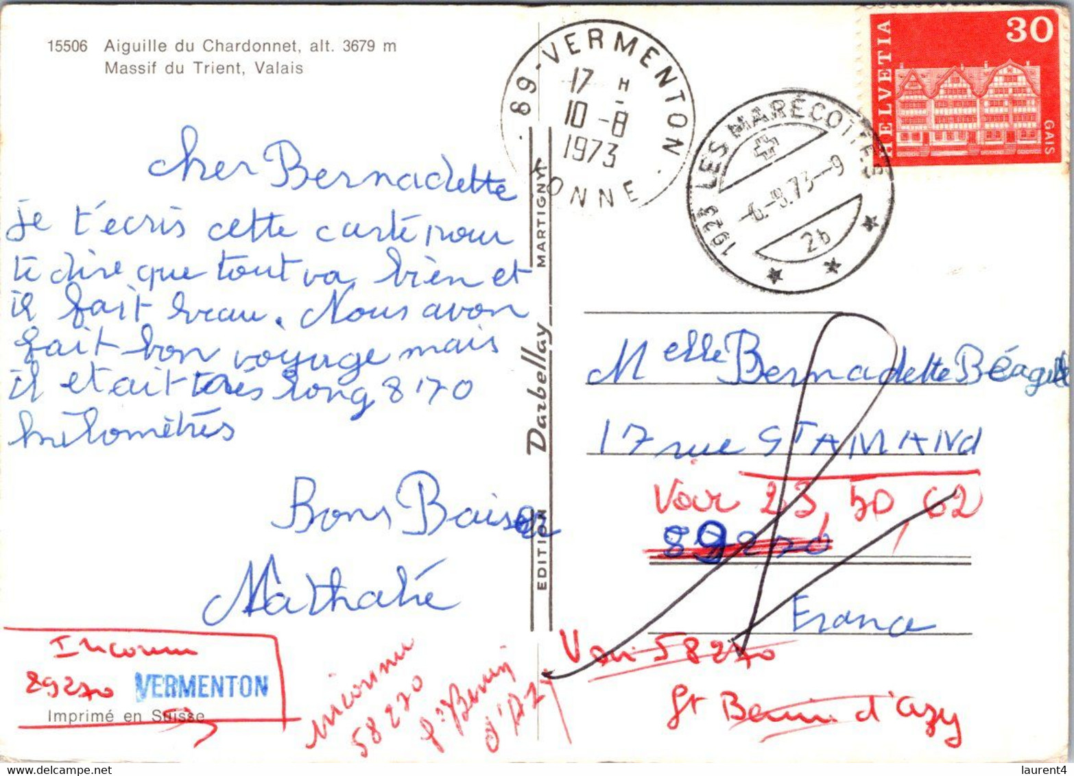 (4 N 40) Switzerland - Aiguille Du Chardonnet (posted To France 1973) Returned To Sender / RTS / Retour à L'Envoyeur - - Chardonne