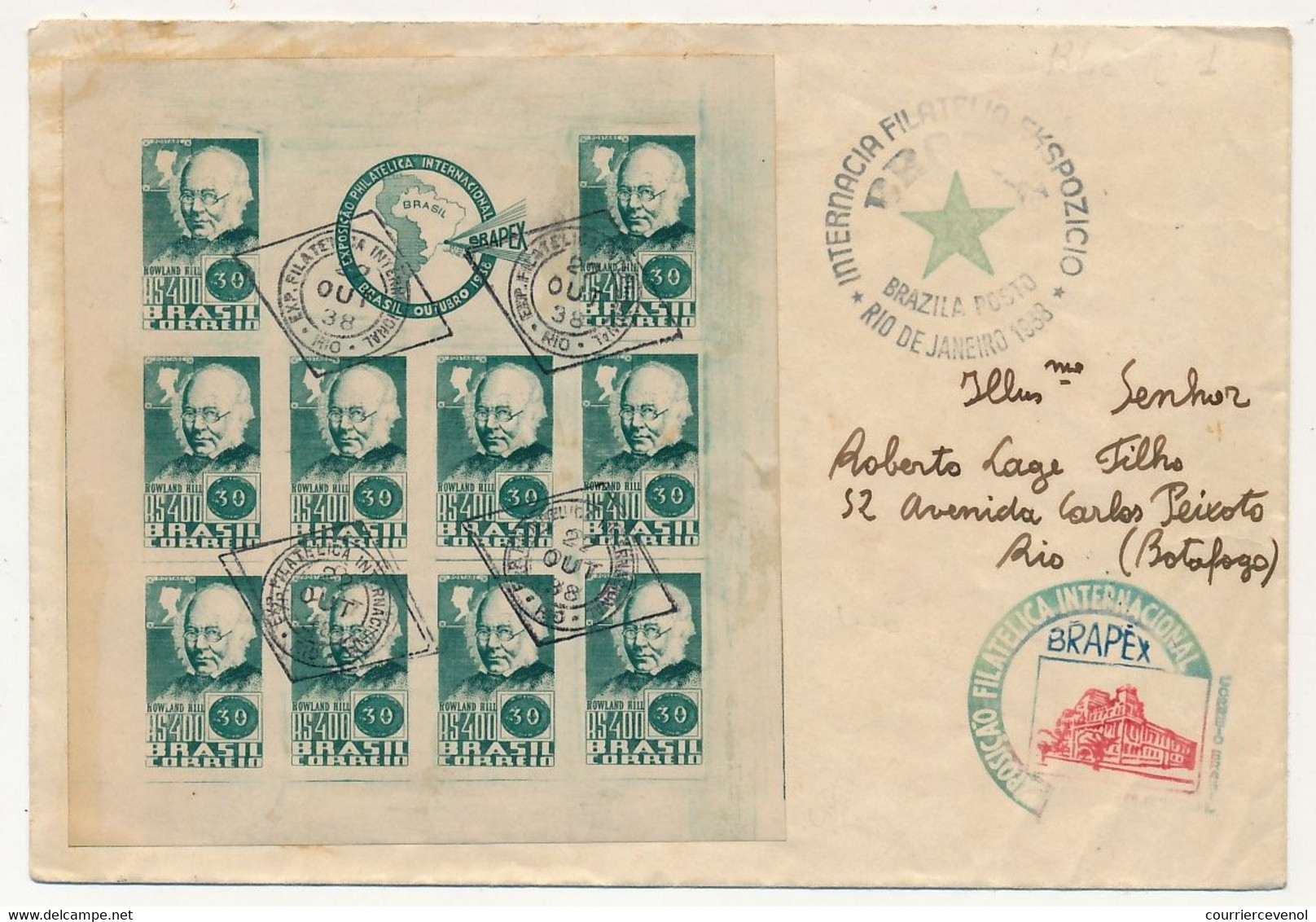 BRESIL - Bloc Feuillet 10 Timbres "Sir Rowland Hill" Obl Rio De Janeiro Exposition BRAPEX 22 Out 1938 - FDC