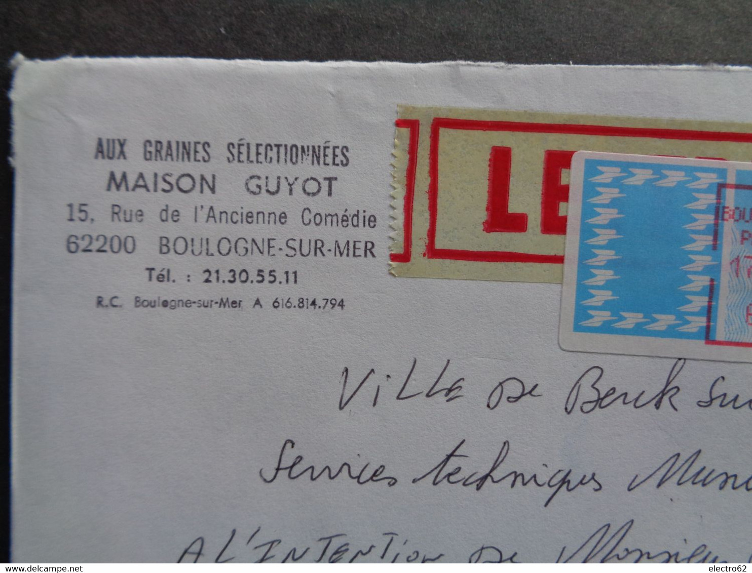 France Vignette Carrier Boulogne Sur Mer Principal 17-06-1988 G1 PC62160 Graines Sélectionnées Maison Guyot Pour Berck - Lettres & Documents