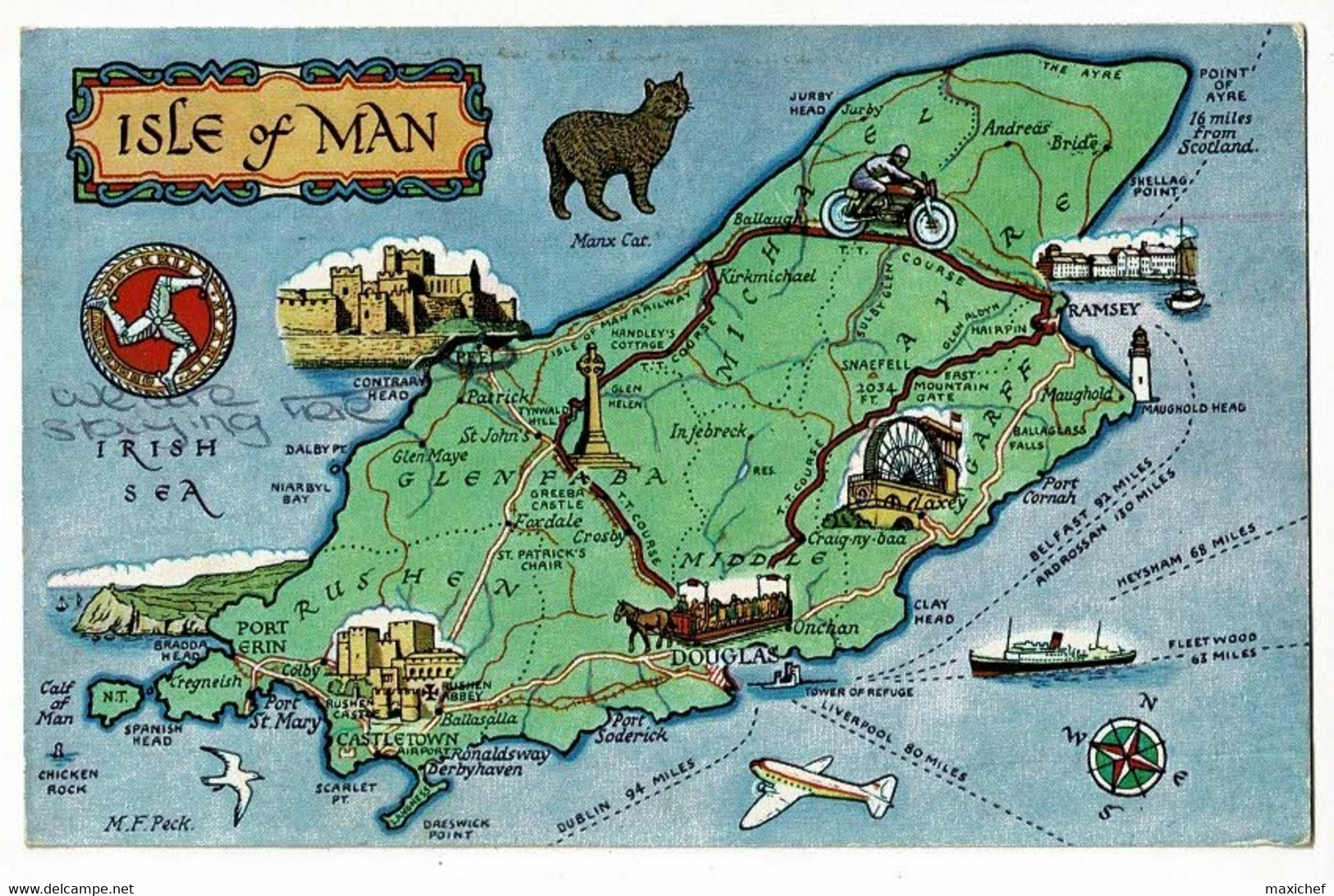Carte Illustrée, Contour Géographique Isle Of Man, étoile Des Vents - Circulé Date Illisible, Timbre Décollé - Isla De Man