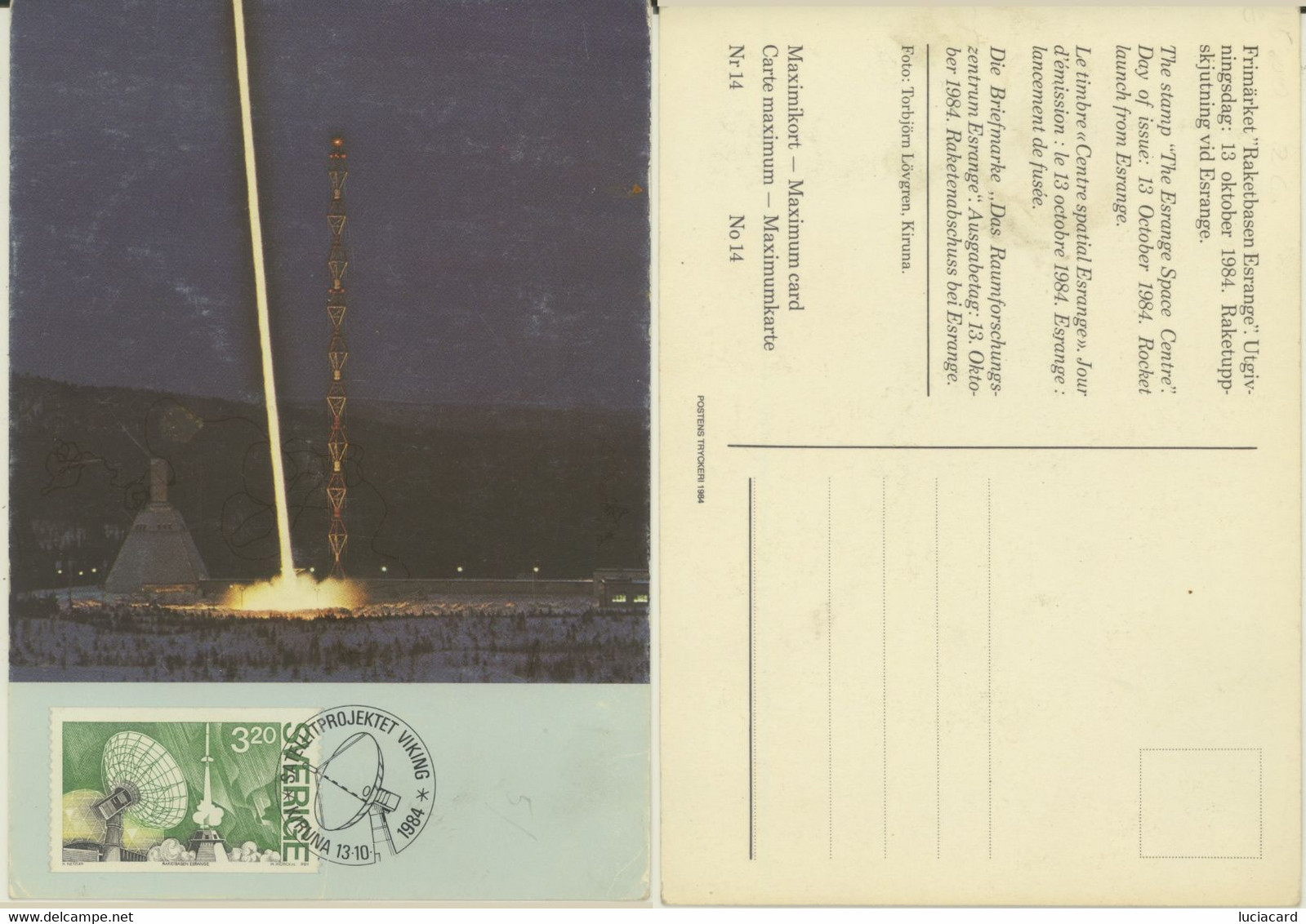 SVERIGE MAXIMUM CARD "THE ESRANGE SPACE CENTRE" DAY OF ISSUE 13 OCTOBER 1984 - Cartes-maximum (CM)