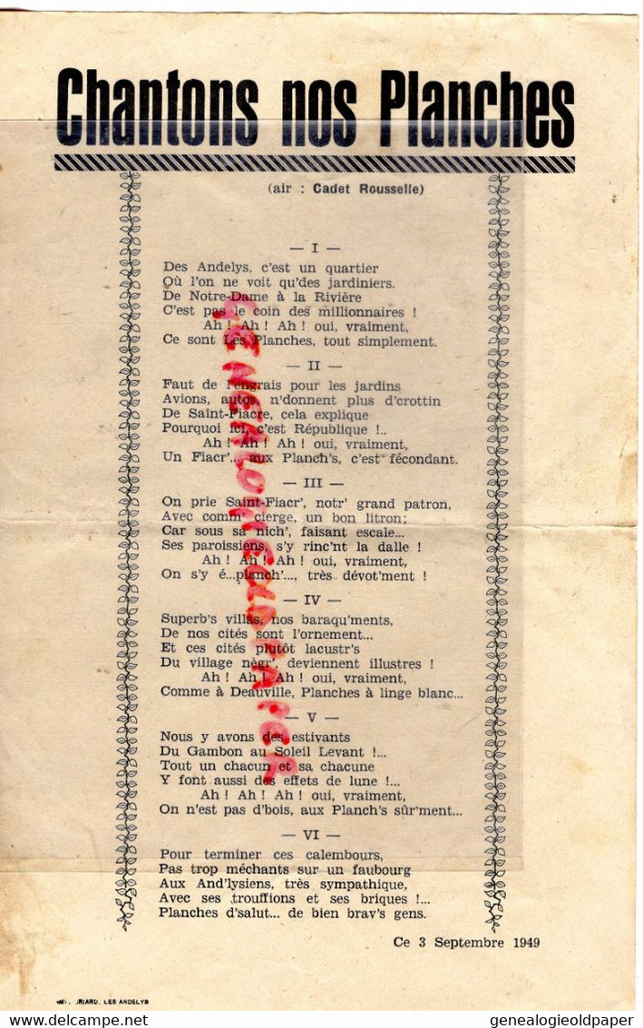 27- LES ANDELYS- CHANSON CHANTONS NOS PLANCHES -AIR CADET ROUSSELLE -3 SEPTEMBRE 1949- SAINT FIACRE -COMME A DEAUVILLE - Historische Dokumente