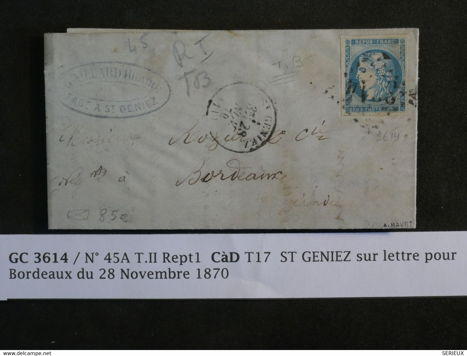 BM7  FRANCE   BELLE  LETTRE SIGNEE  1870  ST GENIEZ A BORDEAUX  + EMIS.  BORDEAUX  N°45A 20C + + AFFRANC. INTERESSANT ++ - 1870 Uitgave Van Bordeaux