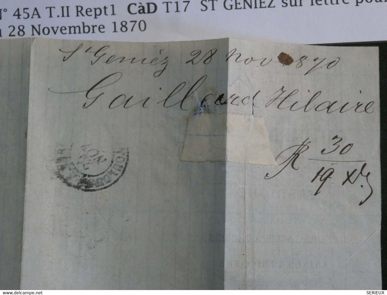 BM7  FRANCE   BELLE  LETTRE SIGNEE  1870  ST GENIEZ A BORDEAUX  + EMIS.  BORDEAUX  N°45A 20C + + AFFRANC. INTERESSANT ++ - 1870 Emission De Bordeaux