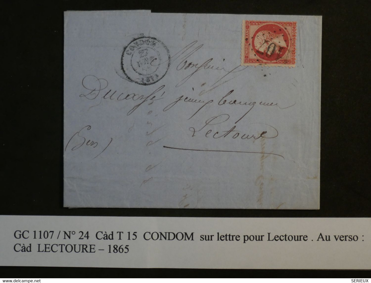 BM7  FRANCE   BELLE  LETTRE   1865  CONDOM A LECTOURE   + NAPOLEON   80C N°24 + + AFFRANC. INTERESSANT ++ - 1862 Napoléon III.