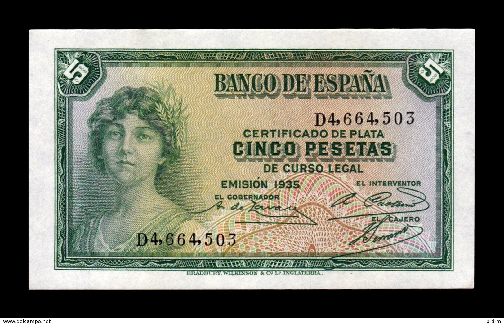 España Spain 5 Pesetas República 1935 Pick 85 Serie D Sc- AUnc - 5 Peseten