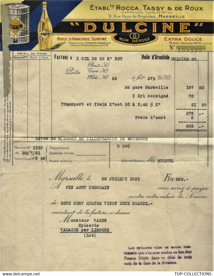 1931 ENTETE Ets Rocca Tassy & De Roux Marseille « Dulcine » Pour Varen Varaire Par Limogne Lot B.E. V.HISTORIQUE - 1900 – 1949