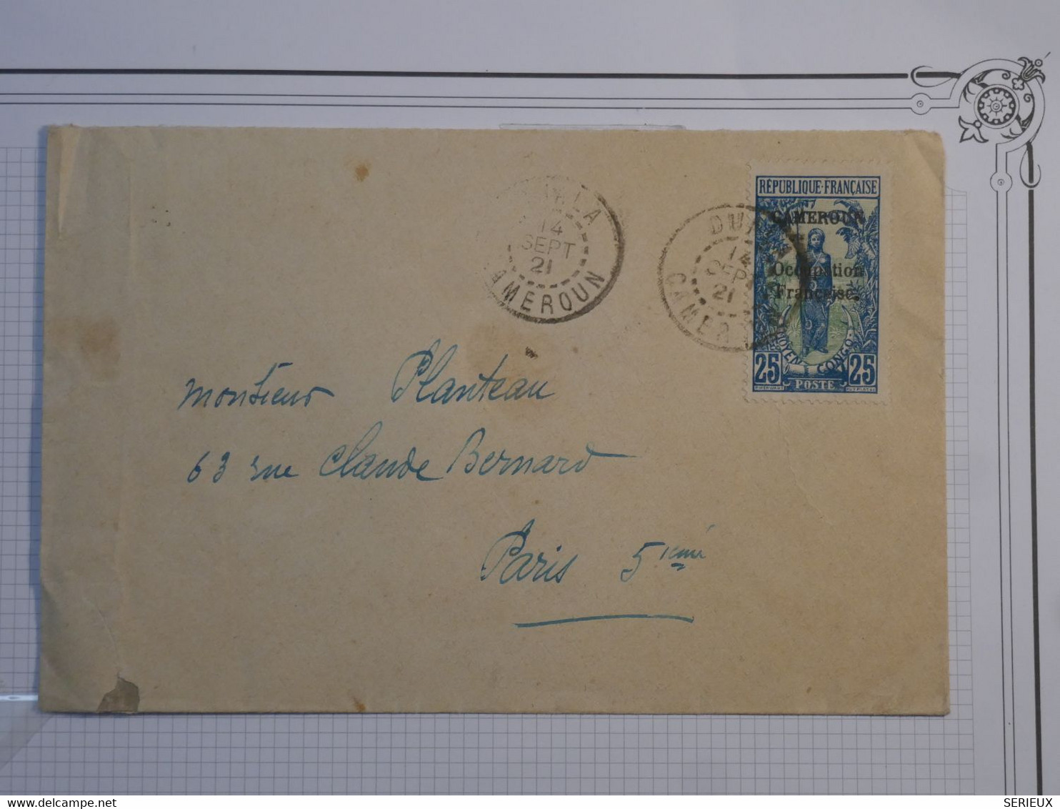 BM7  CAMEROUN   BELLE  LETTRE   RR 1921  DOUALA  A PARIS FRANCE +FEMME BAKALOI++T.P SURCHARGE  + AFFRANC.INTERESSANT ++ - Storia Postale