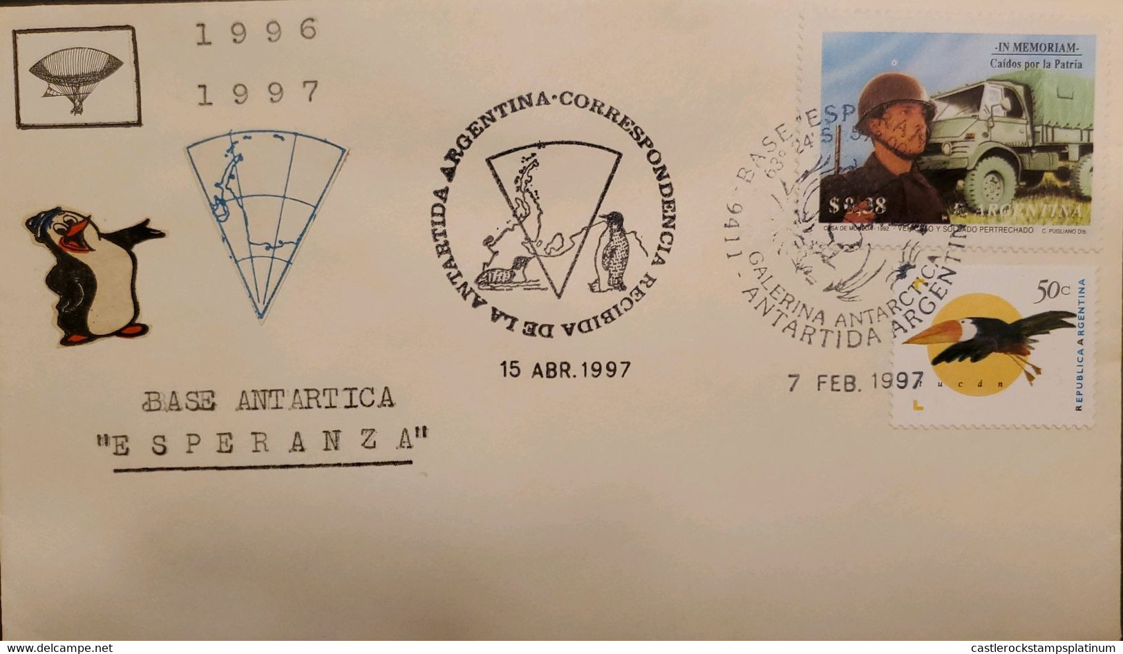 A) 1997, ARGENTINA, ANTARCTICA, ESPERANZA AIR BASE, FALLEN OF THE HOMELAND, SOLDIER, TUCAN, XF - Lettres & Documents