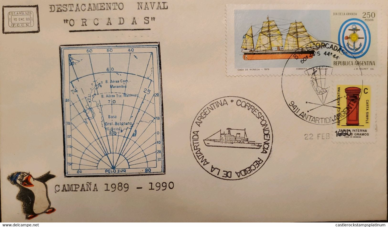 A) 1990, ARGENTINA, ANTARCTIC, NAVAL DETACHMENT ORCADAS, SHIP, NAVY DAY, XF - Storia Postale