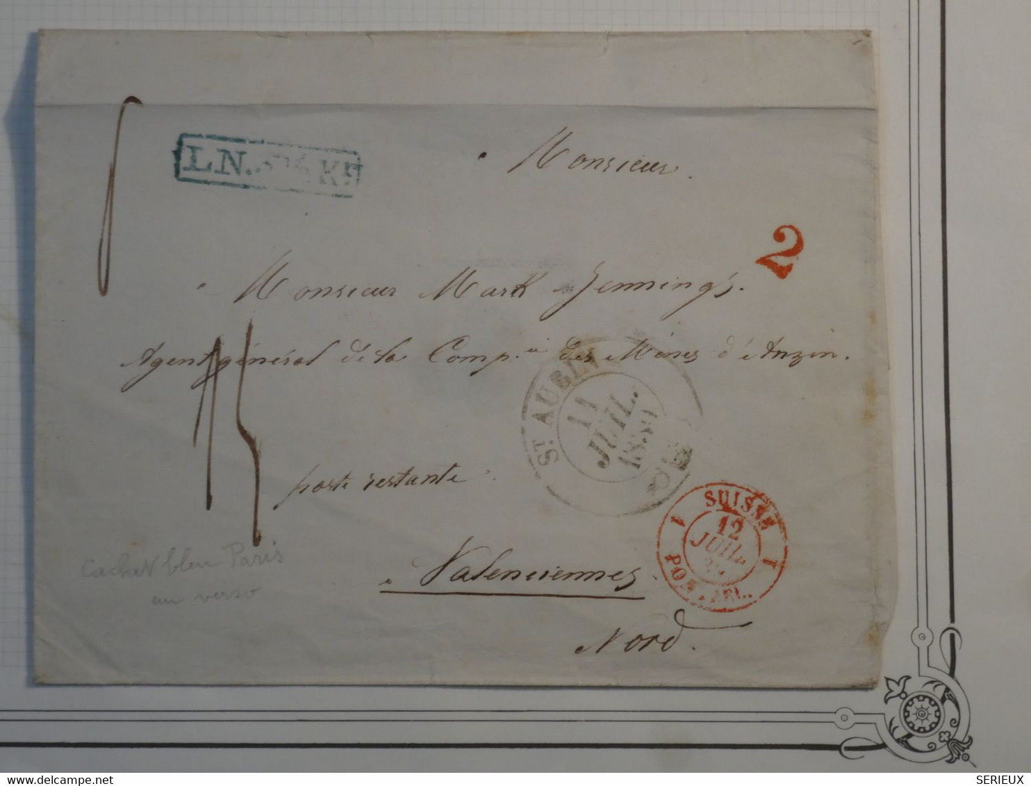 BM7  SUISSE  BELLE  LETTRE   1839  A VALENCIENNES VIA PARIS   FRANCE + + AFFRANCH. INTERESSANT ++ - ...-1845 Voorlopers