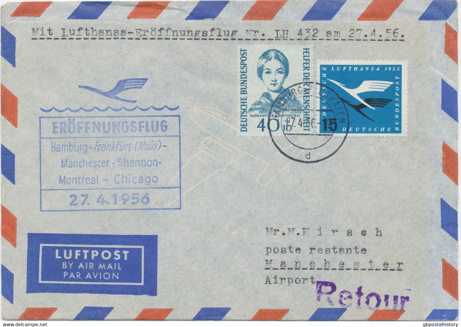 BUNDESREPUBLIK 27.4.1956, Kab.-Erstflug Mit Superconstellation LH 432 "HAMBURG - FRANKFURT - MANCHESTER" (Hab.69/Sie.53) - Covers & Documents