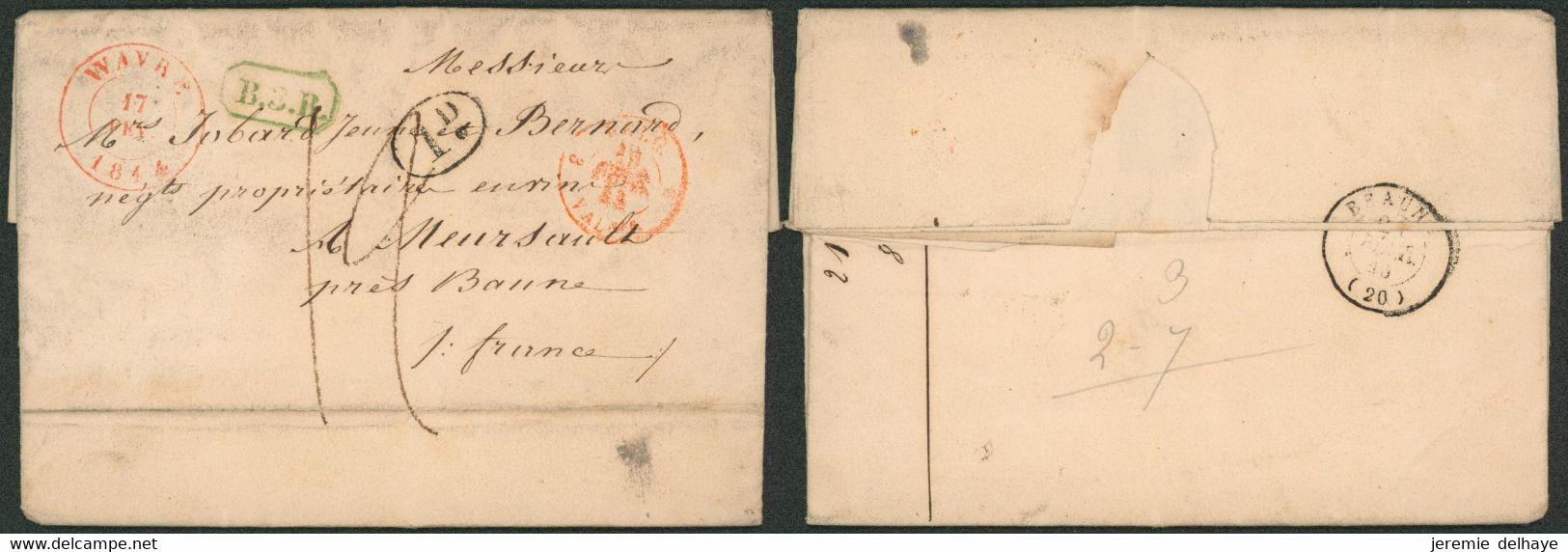 Précurseur - LAC Datée De Wavre (1844, Commande De Vins) + Griffe Ambulant B.3.R. > Mersault (Propriétaire En Vins) + - 1830-1849 (Belgique Indépendante)