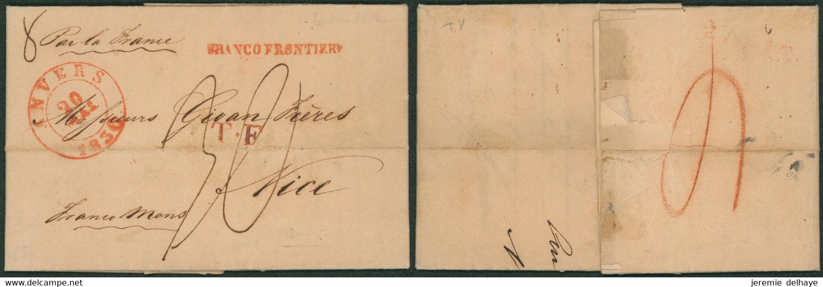 Précurseur - LAC + Cachet Dateur "Anvers" (1836) + Obl Linéaire Rouge FRANCO FRONTIERE > Nice + Manusc. - 1830-1849 (Belgique Indépendante)