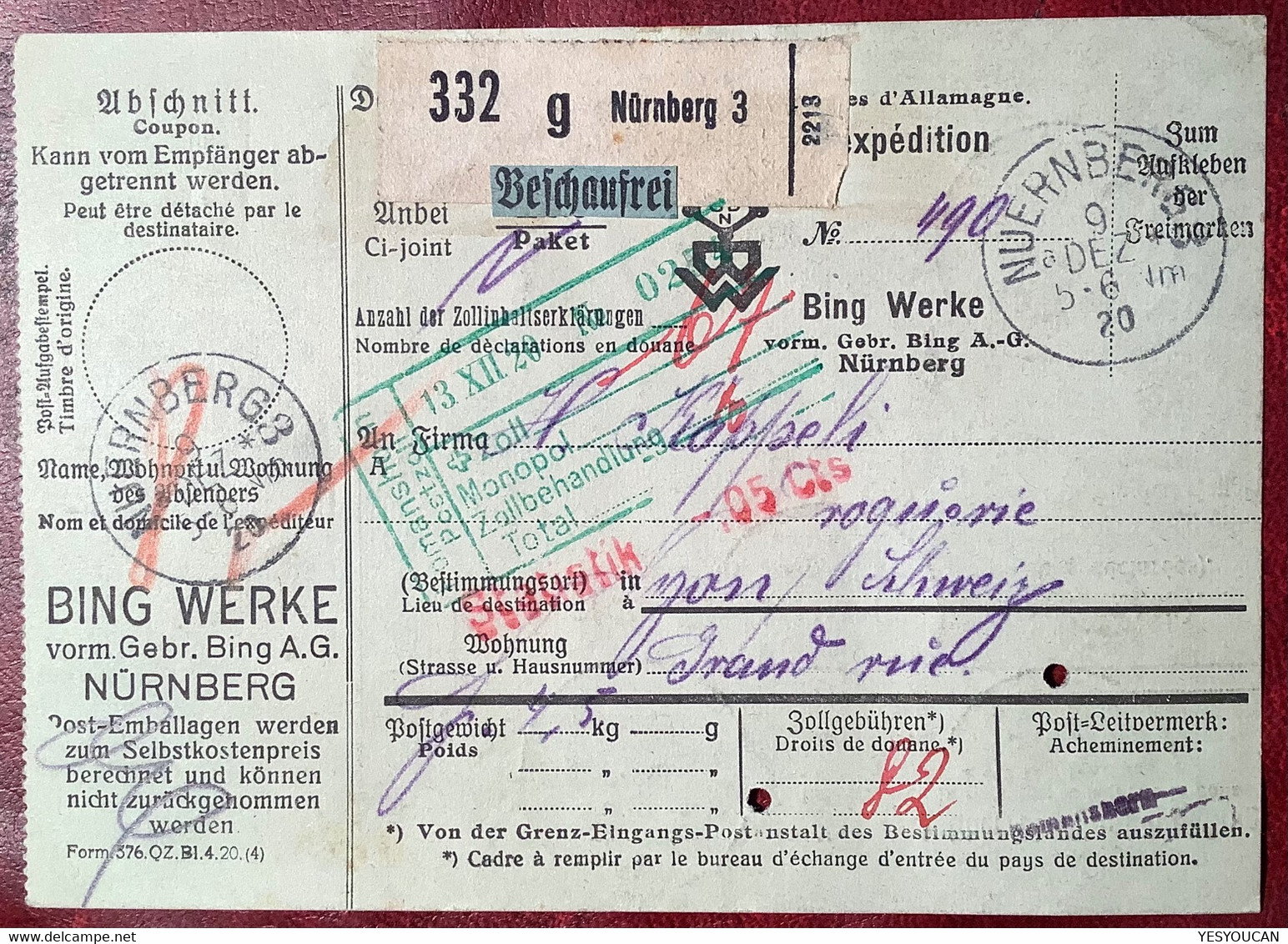 DR-Bayern INFLA 134, 136 PERFIN G.B.N  GEBR. BING NÜRNBERG Paketkarte1920>Nyon Schweiz (toy Trains Train Jouet Spielzeug - Briefe U. Dokumente