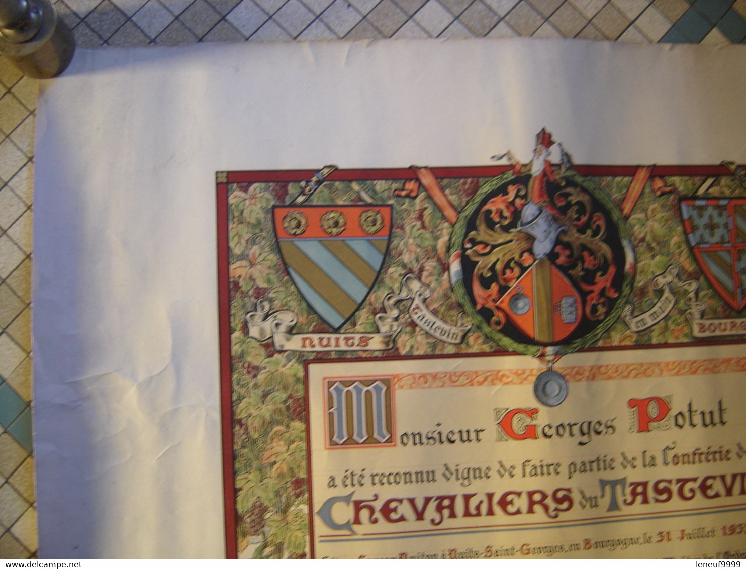 Ancien Diplome Brevet 1937 CHEVALIERS DU TASTEVIN HANSI Vin Nuit St Georges - Poster & Plakate