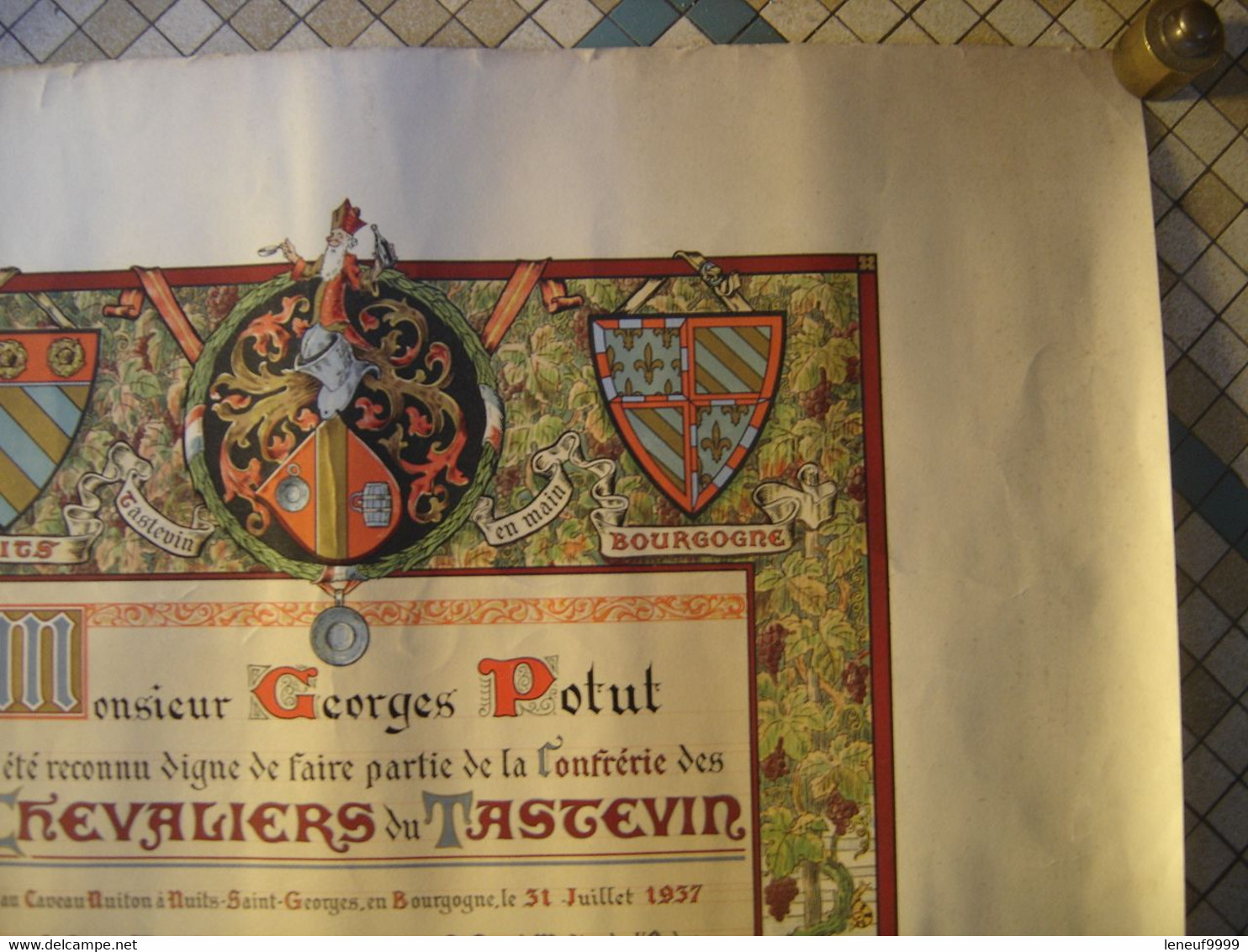 Ancien Diplome Brevet 1937 CHEVALIERS DU TASTEVIN HANSI Vin Nuit St Georges - Poster & Plakate