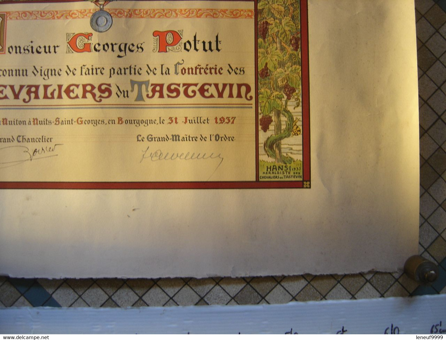 Ancien Diplome Brevet 1937 CHEVALIERS DU TASTEVIN HANSI Vin Nuit St Georges - Posters
