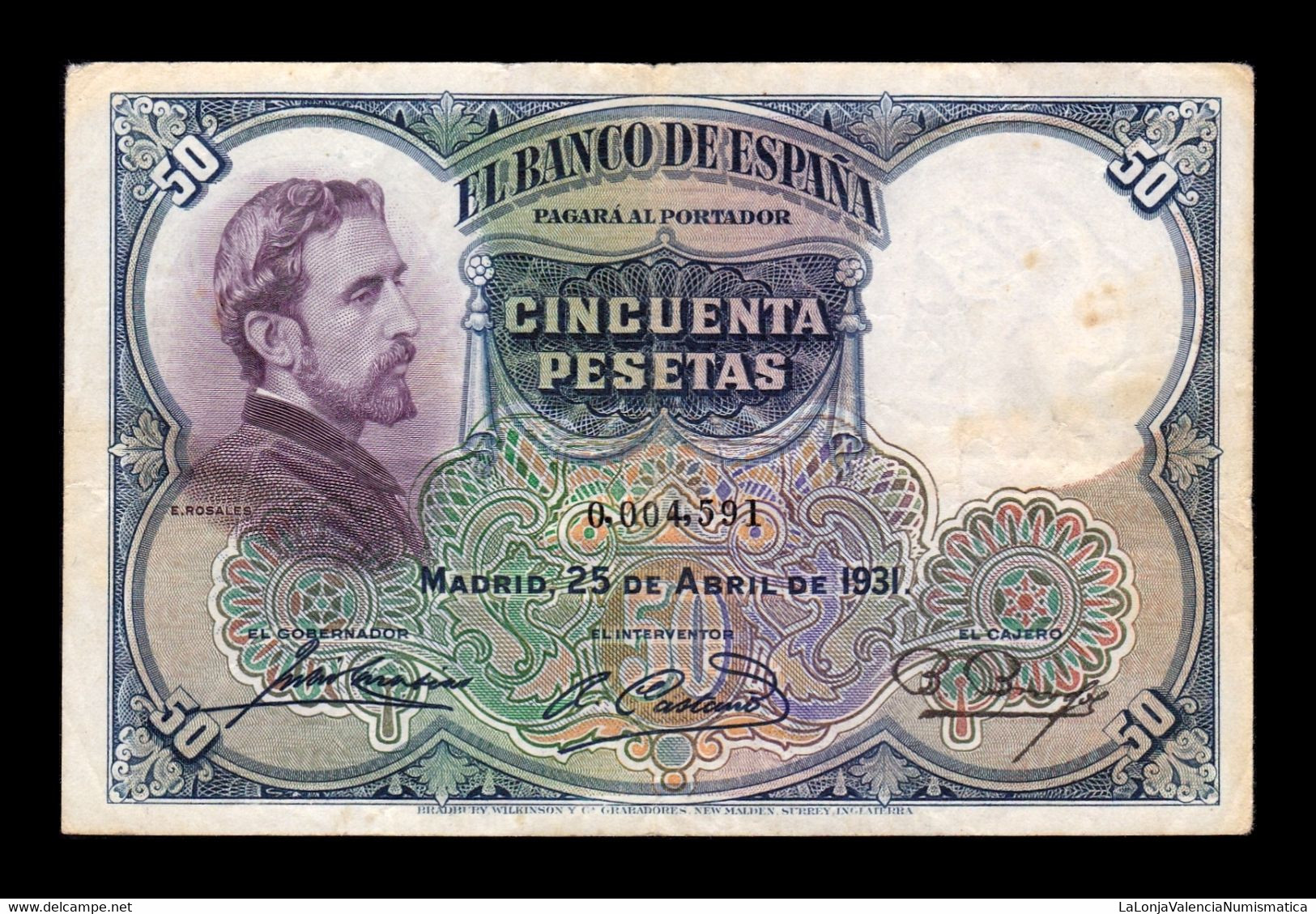 España Spain 50 Pesetas E. Rosales 1931 Pick 82 Low Serial Mbc Vf - 50 Pesetas