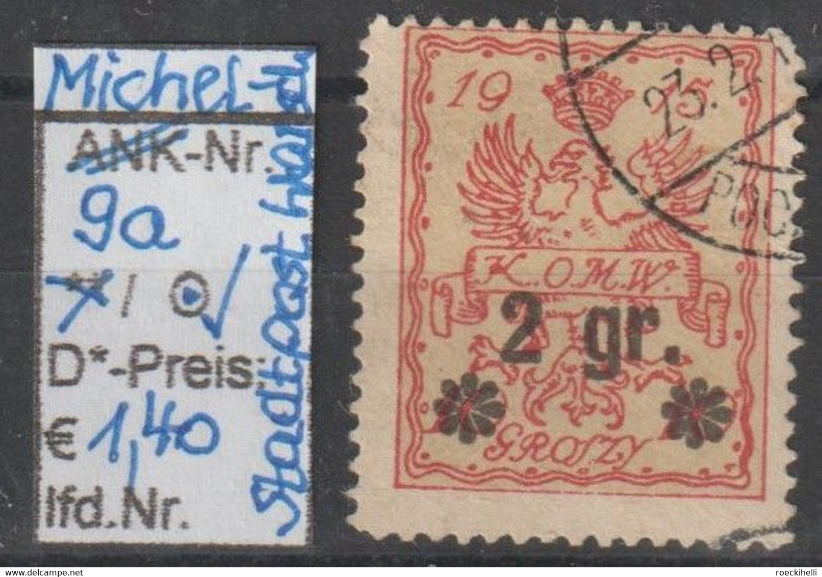 1915 - POLEN - SM "Stadtpost Warschau - Heraldik" 2 Gr. Rosa/grünl.gelb - O Gestempelt - S.Scan (pl 9ao Warschau) - Used Stamps