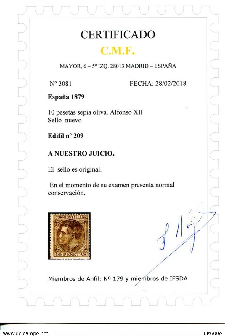 1879.ESPAÑA.EDIFIL 209*.NUEVO CON FIJASELLOS(MH).CERTIFICADO CMF.BIEN CENTRADO.CATALOGO 2550 - Nuevos